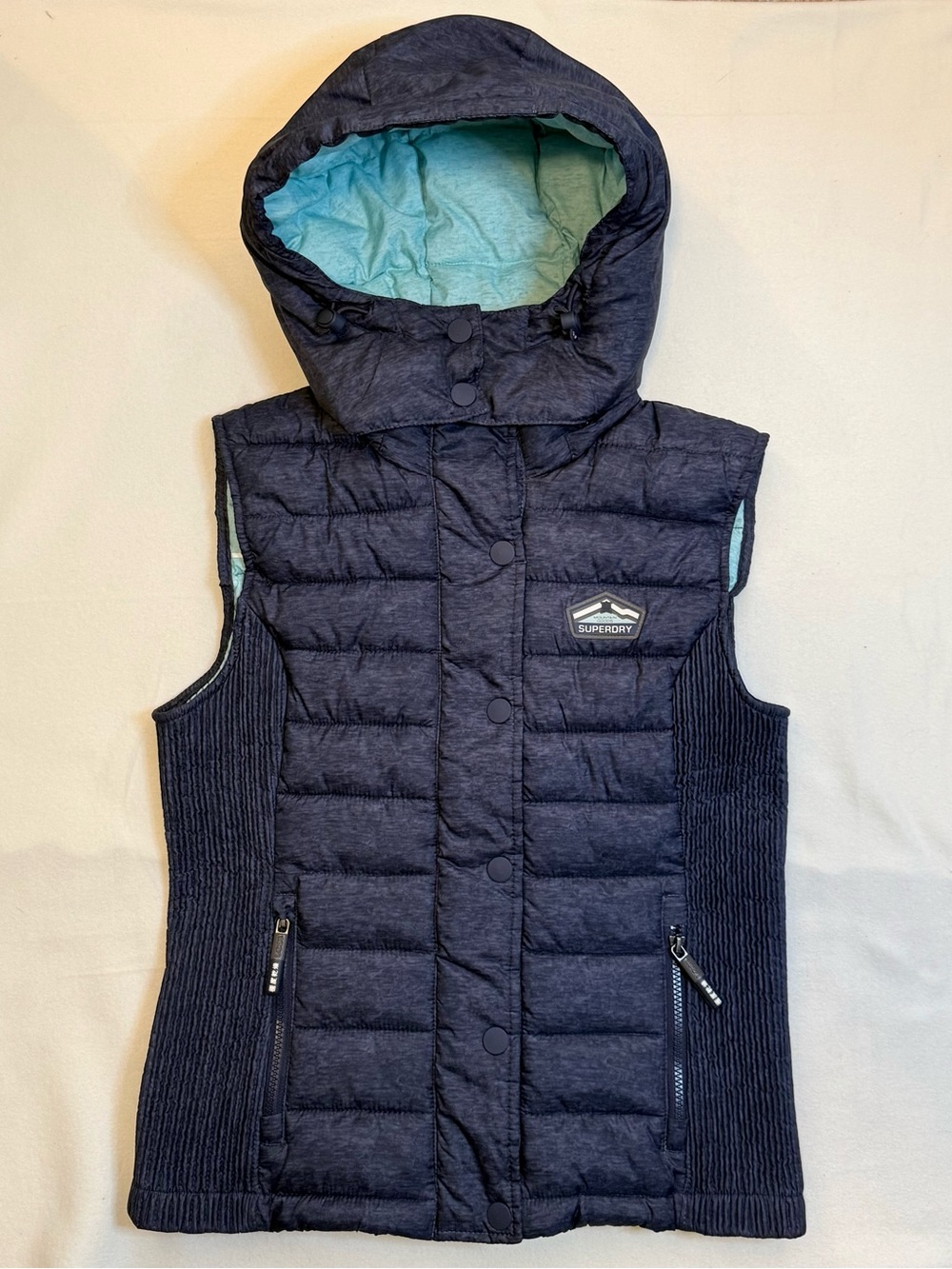 Superdry Navy Quilted Hooded Women’s Gilet with Light Blue Lining